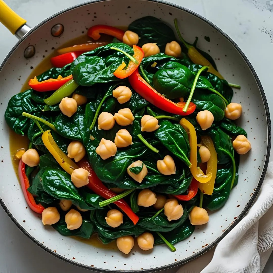 Salteado de espinacas con ajo, pimientos y garbanzos